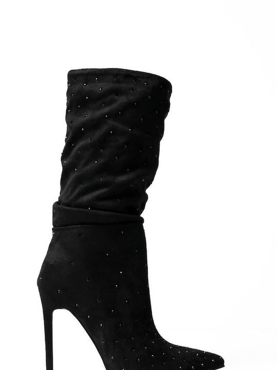 Black Suede Ankle Boots with Heel and Rhinestone Details