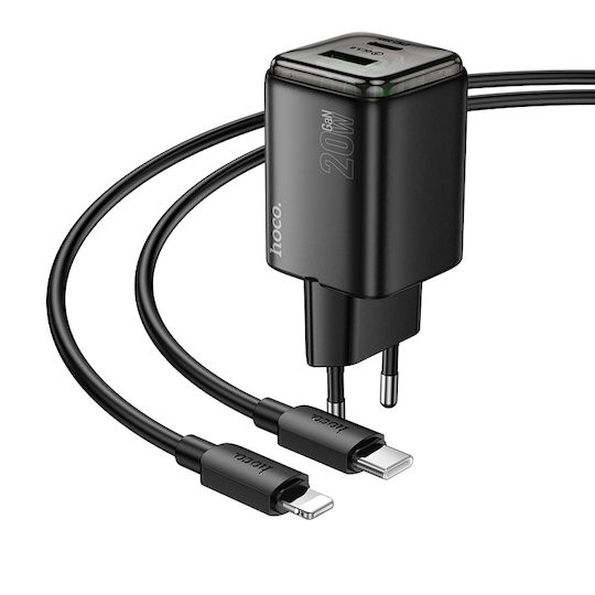 Hoco Φορτιστής GaN με Θύρα USB-A και Θύρα USB-C και Καλώδιο USB-C - Lightning 20W Power Delivery / Quick Charge 3.0 Μαύρος (N52)