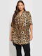 Women's Blouse Long Sleeve with V Neckline Animal Print Ecru