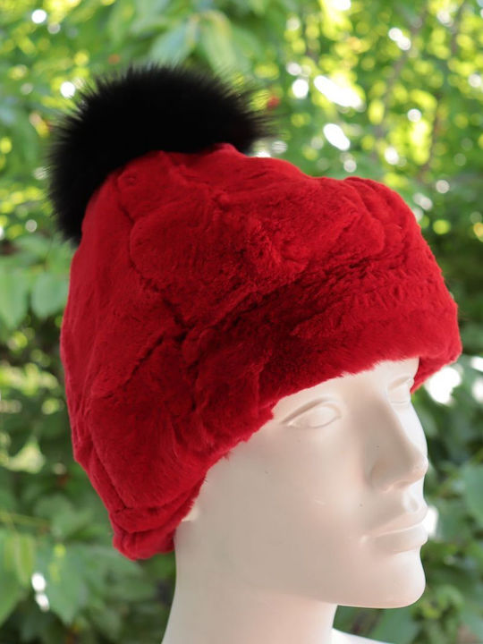 Pom Pom Beanie Unisex Σκούφος Πλεκτός σε Κόκκινο χρώμα