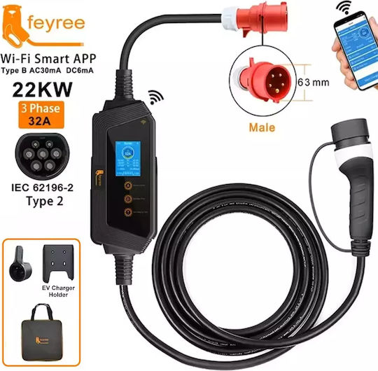 Feyree Φορητός Τριφασικός Σταθμός Φόρτισης 22kW με Ενσωματωμένο Καλώδιο Type 2