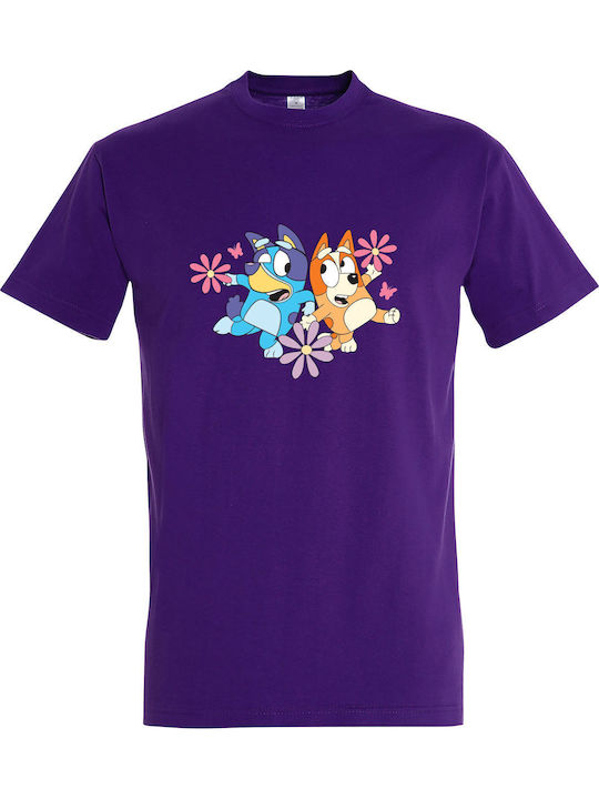 Kids' T-shirt Dark Purple Bluey Flower, Bluey And Bingo