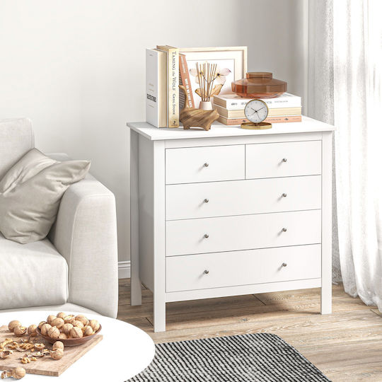 Wooden & Metallic Chest of Drawer with 5 Drawers White Wood 79x39.5x80.5cm