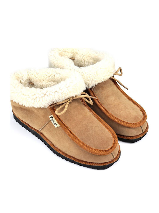 Heel Enclosed Men's Slippers with Fur Taba