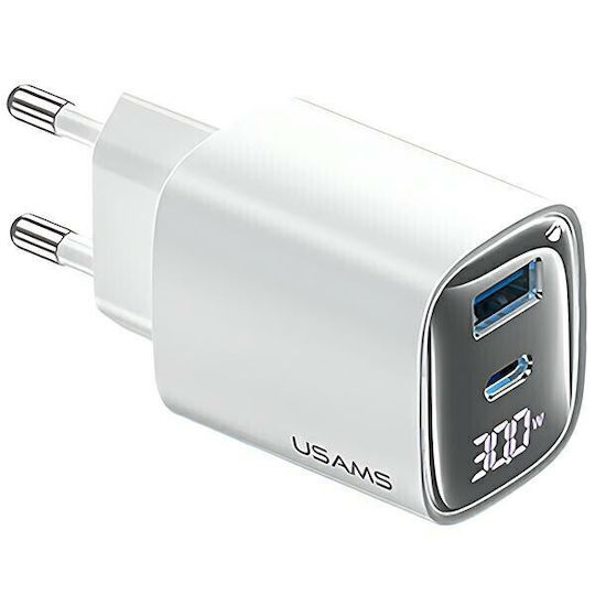 Usams Charger Without Cable GaN with USB-A Port and USB-C Port 30W Whites (CC229)