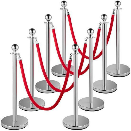 Set 8 Barrier Posts Red Velvet Rope 1.5 M Stainless Steel Silver Height 90 Cm Heavy Duty
