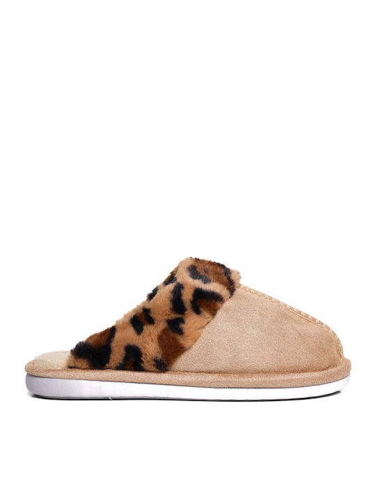 Beige Hausschuhe mit Print Warmem Fell