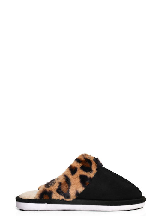 Black Home Slippers with Print and Warm Fur