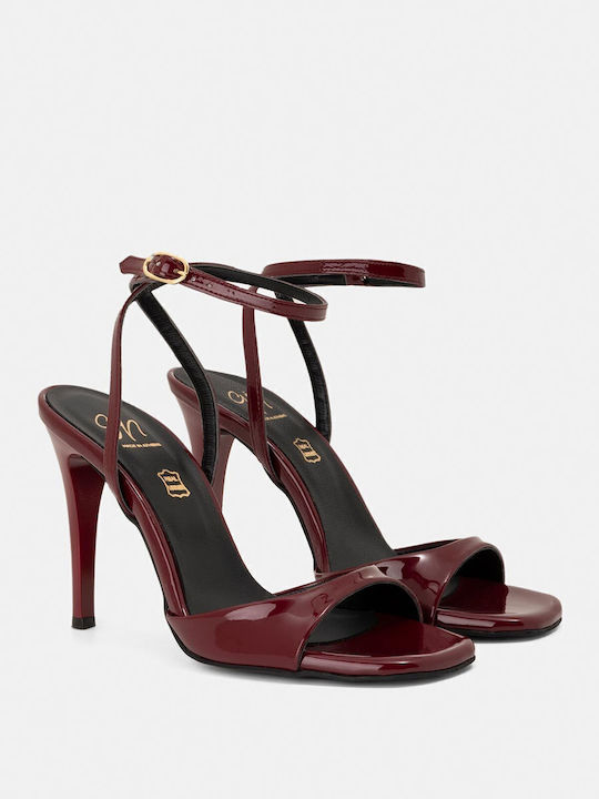 Patent Leather Women's Sandals with Ankle Strap Burgundy with Thin High Heel