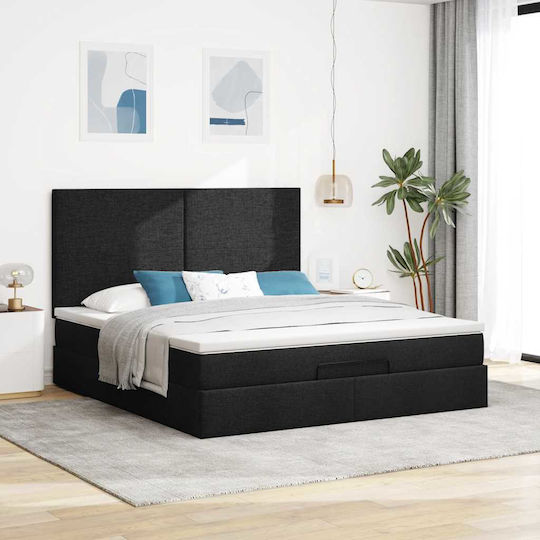 Double Bed Upholstered with Fabric Black with Slats & Mattress 160x200cm