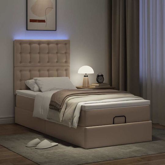 King Size Bed Upholstered with Faux Leather Cappuccino with Storage Space Slats & Mattress 190x190cm