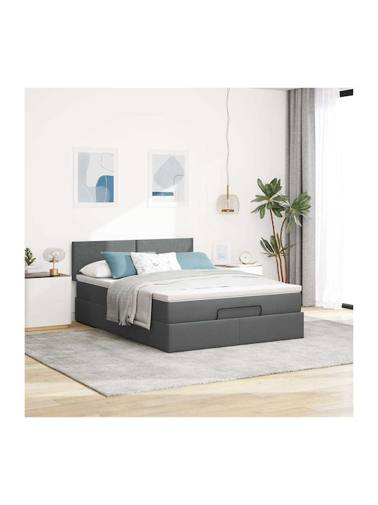 Double Bed Upholstered with Dark Gray Fabric with Slats & Mattress 140x190cm