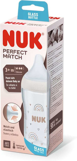 Nuk Glass Baby Bottle Perfect Match Anti-Colic with Silicone Nipple for 3+ months White 230ml