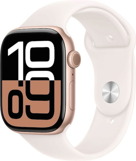 Apple Watch Series 10 Cellular Алуминиев 42мм Водоустойчив с eSIM и Пулсометър (Rose Gold с Light Blush Спортна Каишка - S/M)