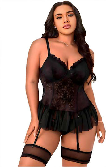 Set Lenjerie Mărime Mare Cu Portjartier Femei Negru J-78