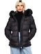Women's Short Puffer Jacket for Winter with Detachable Hood Black