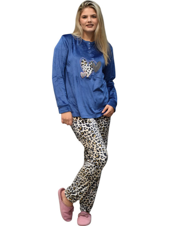 Caress Χειμερινό Γυναικείο Σετ Πιτζάμας Fleece Μπλε, Leopard