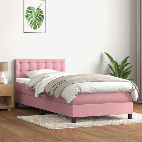 Pat Single Tapitat Cu Material Textil Roz Cu Plăci Și Saltea 90x210cm