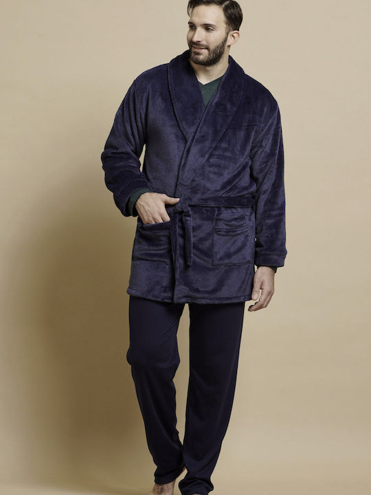 Jeannette Lingerie Χειμερινή Ανδρική Ρόμπα Fleece Μπλε