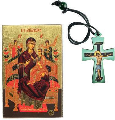 Icon of Virgin Mary Pantanassa Wooden Hanging Cross Gift Set Authentic Product of Vatopedi Monastery