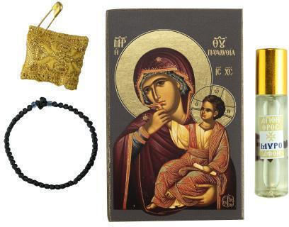 Icon of Virgin Mary Paramythia Prayer Rope Myrrh Talisman Gift Set Authentic Product of Vatopedi Monastery Holy Great Monastery 30411000003124