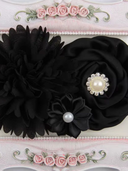 Official Impressive Elastic Headband Triple Flower Decorated with Shiny Pearls and Diamonds Black