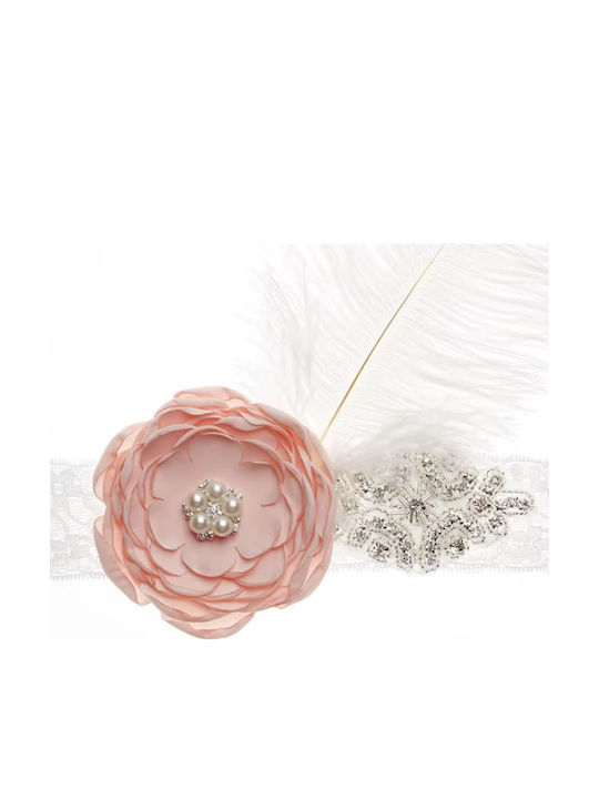 Official Baptism Headband Embroidered with Dazzling Rhinestones Stunning Flower Shiny Pearls at the Core Impressive Peach Feather