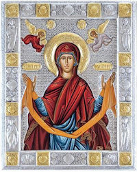 Brâul Sfânt al Maicii Domnului Pictat pe Pânză Icoană Produs Autentic al Mănăstirii Vatopedi 19 X 15 Cm
