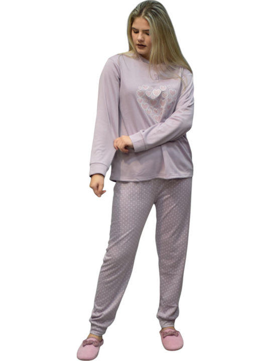 Caress Χειμερινό Γυναικείο Σετ Πιτζάμας Fleece Λιλά