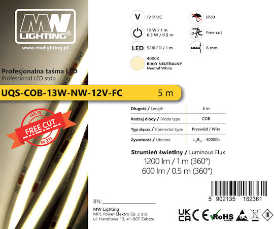 LED Strip 12V Natural White Light 5m Type COB