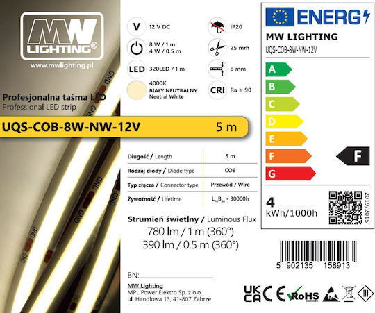 LED Strip 12V Natural White Light 5m Type COB