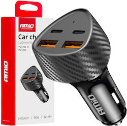AMiO Φορτιστής Αυτοκινήτου με Θύρες 2xUSB-A 2xType-C
