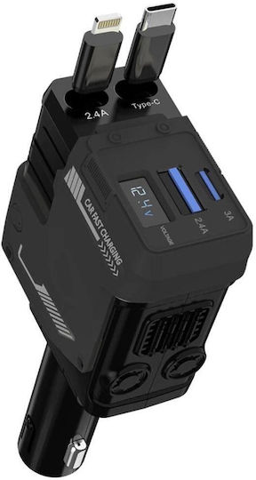 Andowl Qc799 4in1 Car Charger Φορτιστής Αυτοκινήτου 120W με μία Θύρα: 1xType-C μαζί με Καλώδιο Lightning / Type-C Μαύρο Χρώμα