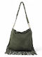 Damen-Schultertasche aus Leder und Wildleder mit Fransen in Olivgrün
