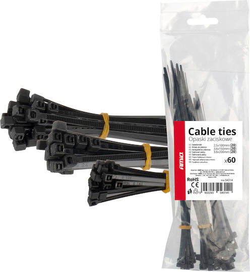 Δεματικα Δετικα Καλωδιων Tie Wrap Ταιραπ 2.5x100mm 3.6x150mm 3.6x200mm Μαυρο Χρωμα Σετ Αμιο 60 Τεμ