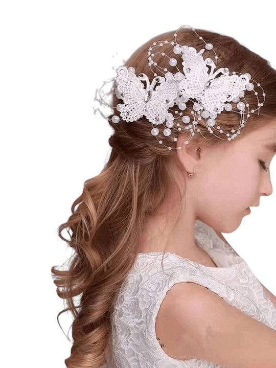 Set of 2 Pcs Official Impressive Butterfly Embroidery Hair Clips Fancy Rhinestones & Mesh Shiny Pearls White