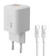 Powertech Ladegerät GaN mit USB-A Anschluss und USB-C Anschluss und Kabel USB-C - USB-C 36W Stromlieferung / Schnellaufladung 3.0 Weißs (PT-1351)