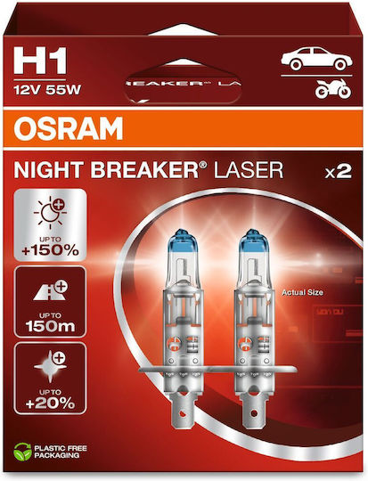 Osram Lamps Car Night Breaker Laser +150% H1 Halogen 3400K Warm White 12V 55W 2pcs