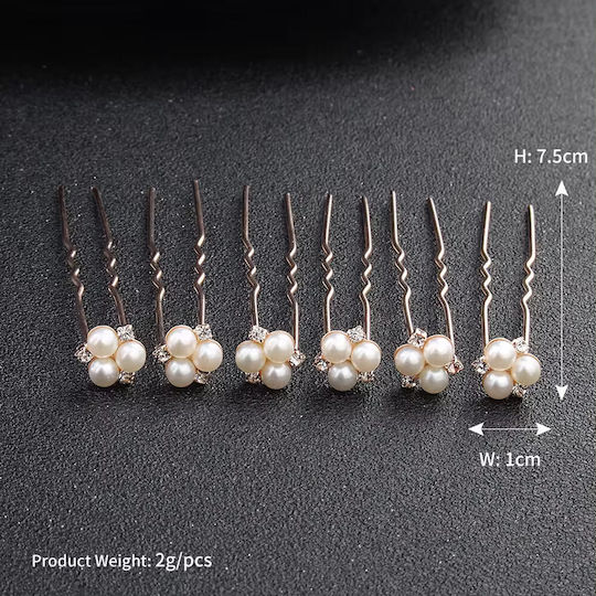 Set of 6 Hairpins Rose Gold White Pearls Crystals Bride Bridesmaid Wendy