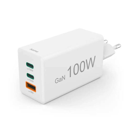 HAMA Зарядно без кабел GaN с USB-A порт и 2 USB-C порта 100W Power Delivery Бял (201997)
