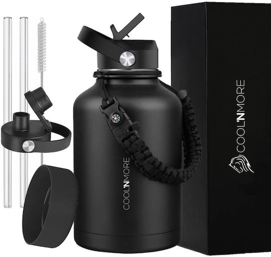 Cool'NMore Stainless Steel Thermos Bottle BPA Free 1.5lt Jet Black with Mouthpiece Loop Straw and Handle