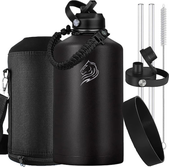 Cool'NMore Jet Thermos Bottle Stainless Steel BPA Free 4l Jet Black with Mouthpiece Loop Straw and Handle