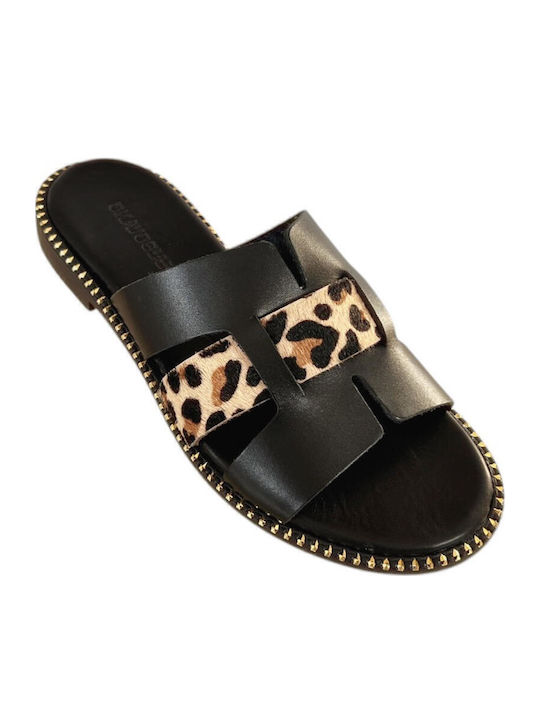 Leather Women's Flat Sandals in Black Color