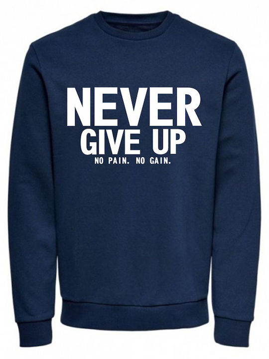 Мъжка памучна блуза "Never Give Up" дебел суитшърт тъмносин с кръгло деколте