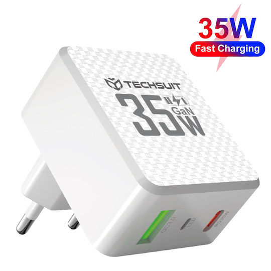 Techsuit Charger with Built-in Cable GaN with USB-A Port and USB-C Port 35W Power Delivery / Quick Charge 3.0 Whites (CHPD173)
