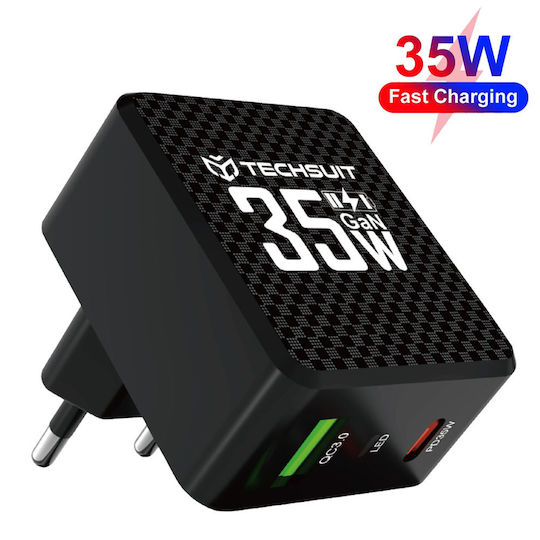 Techsuit Charger Without Cable GaN with USB-A Port and USB-C Port 35W Power Delivery / Quick Charge 3.0 Blacks (CHPD173)