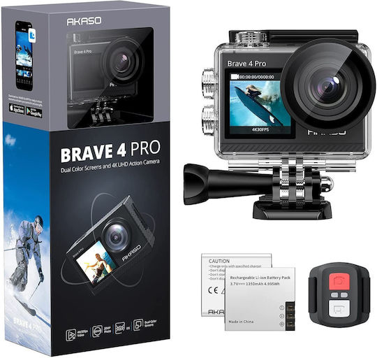 Akaso Brave 4 Pro Action Camera 4K Ultra HD Υποβρύχια With 2 Batteries με Οθόνη Αφής 2" και Wi-Fi Μαύρη