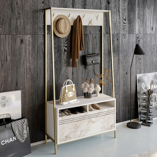 Devin Mobilier de Intrare cu Dulap pentru Pantofi Marble Effect White-gold 94x35.3x180cm