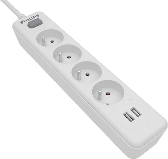 Philips Πολύπριζο 4 Θέσεων με 2 USB-A, Διακόπτη και Καλώδιο 2m