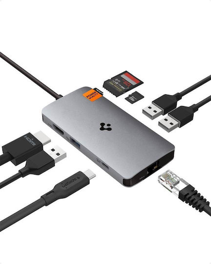 Spigen ArcDock 8-in-1 USB-C Докинг станция с HDMI 4K PD Ethernet Сребрист